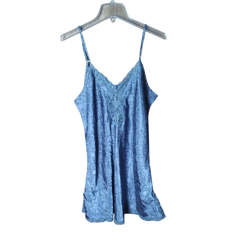 Vintage Jaclyn Smith Blue Jacquard Floral Lace Trim Chemise Slip Dress Women XL